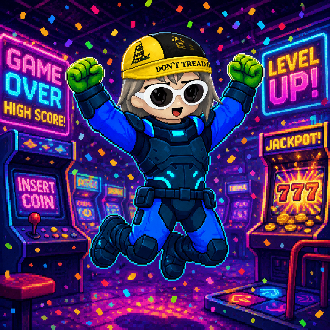 CyberAlon celebrating a jackpot in a neon arcade
