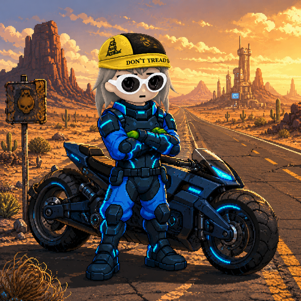 CyberAlon standing beside a bike on a desert highway