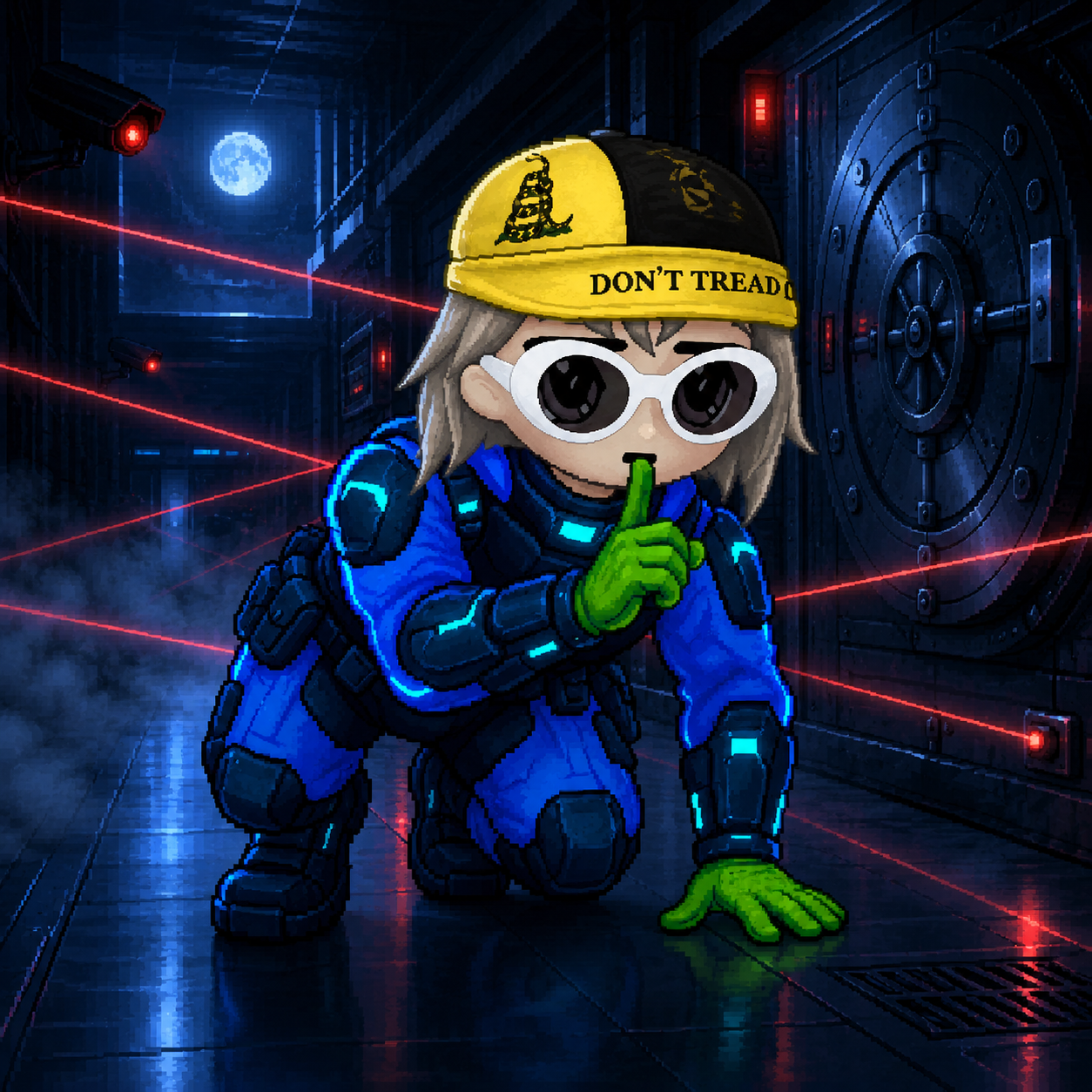 CyberAlon sneaking past laser grids at a vault door